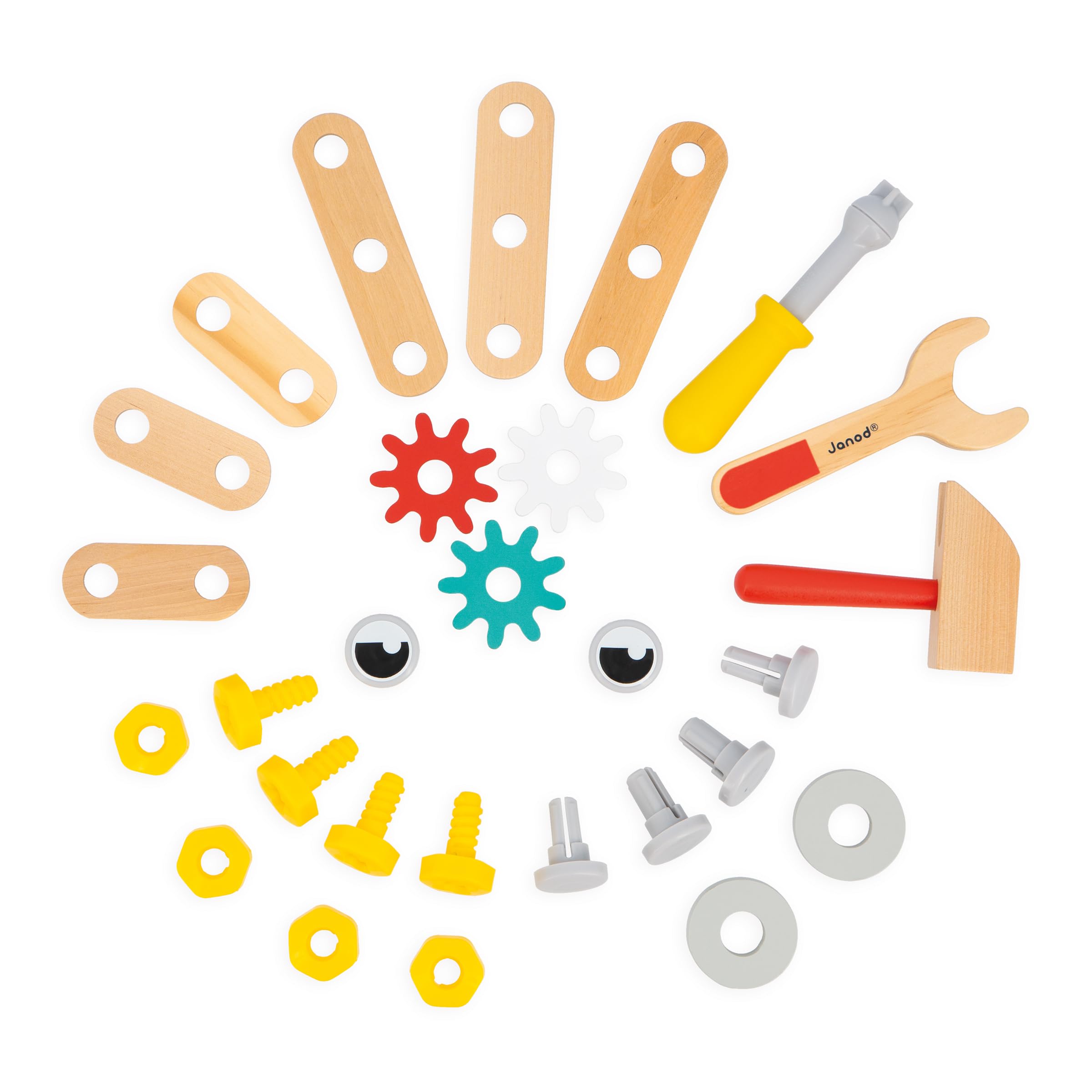 Janod - Mon Premier Jeu de Construction - Caisse à Outils Robot - 30 Accessoires - Imitation - Développe la Motricité Fine - 3 Ans + - J06455