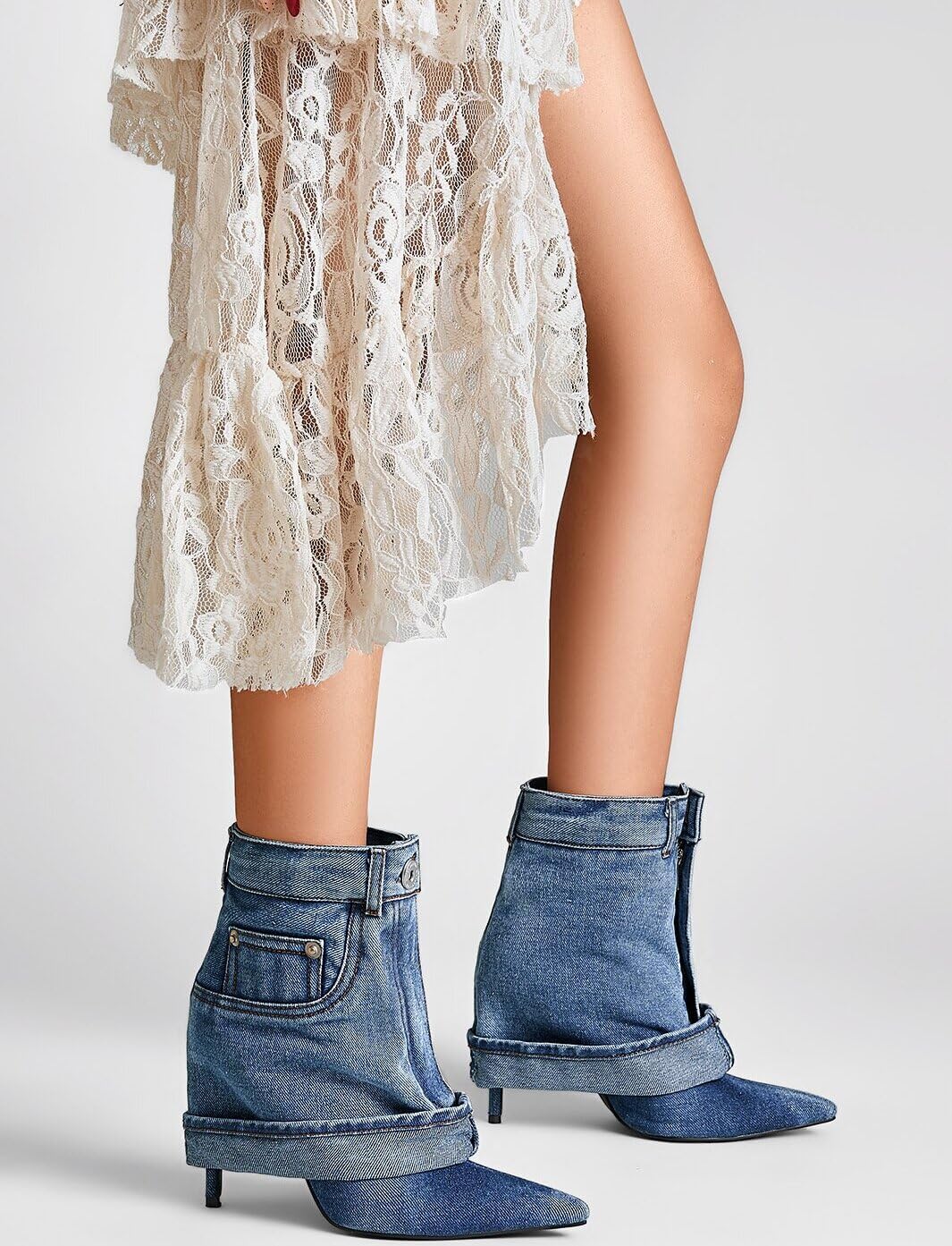 Pointed Toe Fine Stiletto High Heel Ankle Denim Booties for women Fold Over Ankle Short Jean Boots Fashion Women's Shoes