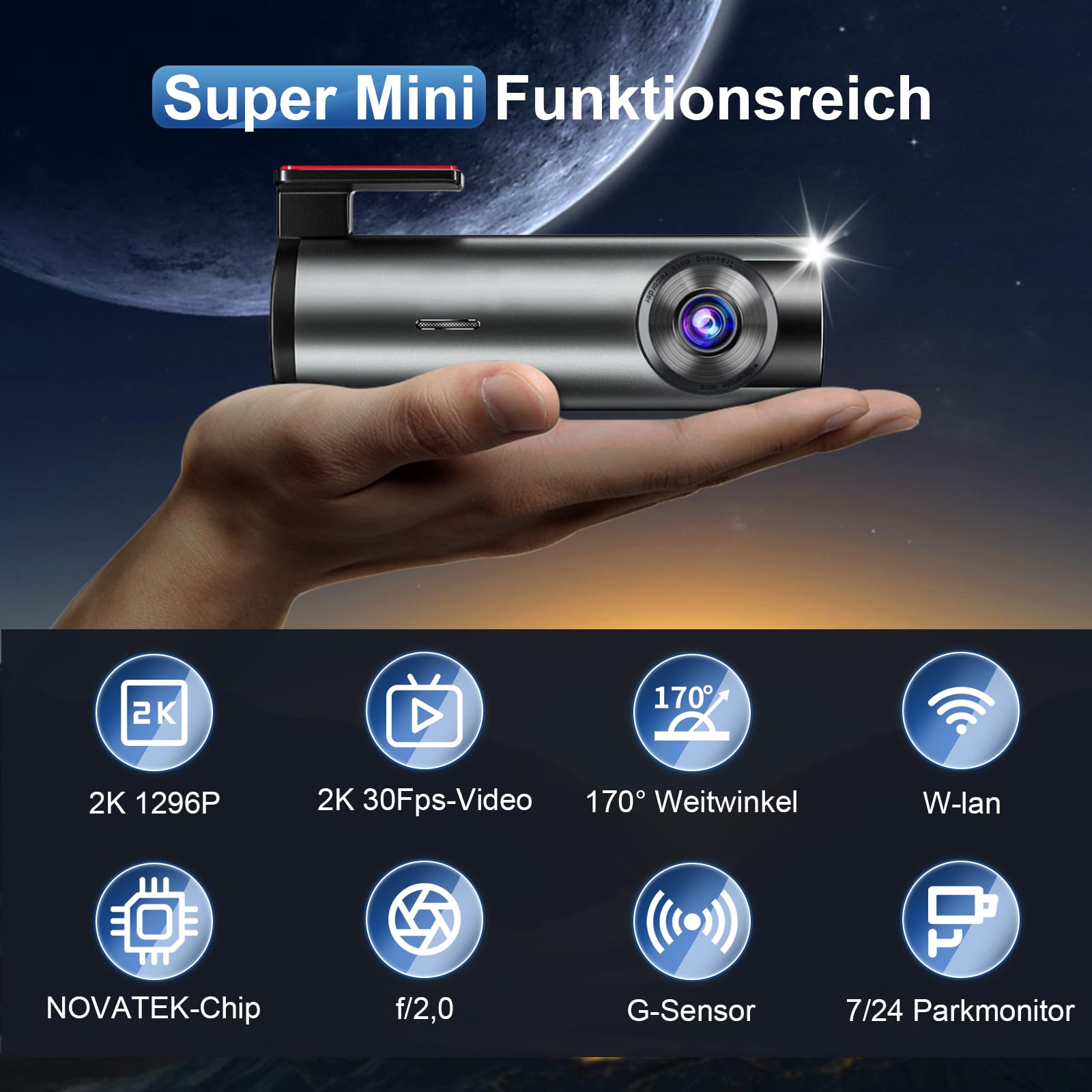Dashcam Caméra Tableau Bord WiFi 2K Avant Voiture, Caméra Voiture 1296P Surveillance Stationnement, ADAS, Super Vision Nocturne, WDR, Grand Angle 170°, Capteur G, Enregistrement Boucle, Contrôle APP