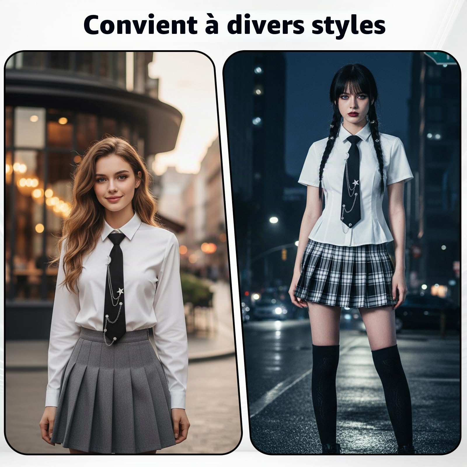 Cravate pour Femme, Cravate Noire Pré-nouée Réglable avec Chaîne - Accessoires pour Chemise Uniforme - Pour Homme Femme - Vêtements Punk Goth Emo