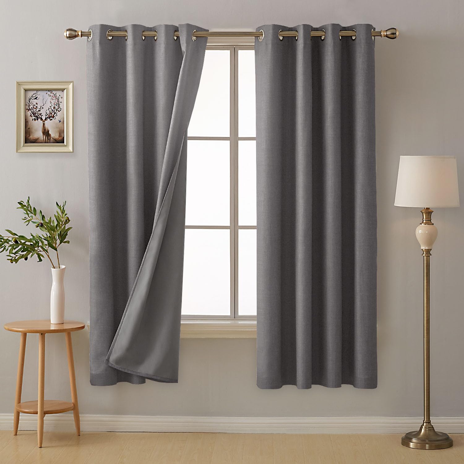Deconovo Total Blackout Curtains Faux Linen Thermal Insulated Eyelet Curtains for Living Room Bedroom with Energy Saving Coating Linen Grey W46 x L72 One Pair