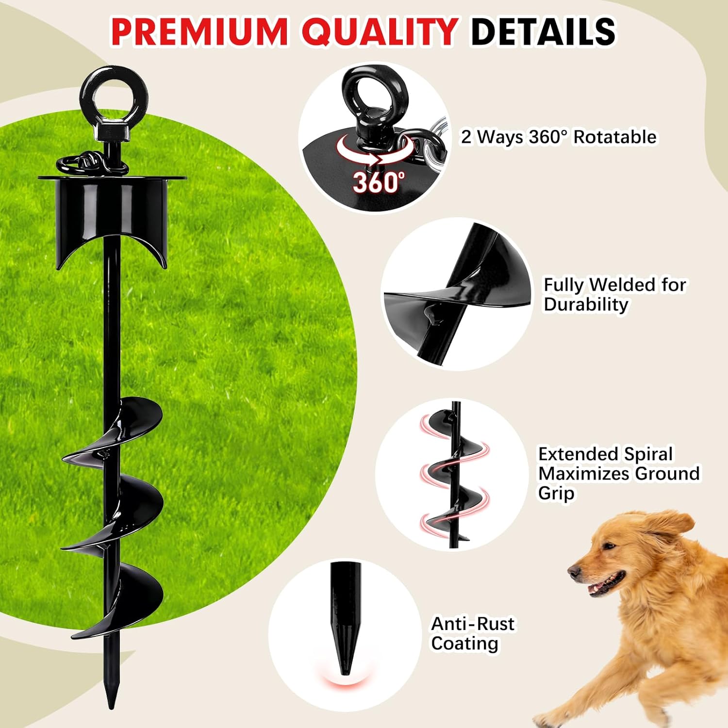 Snagle Paw Dog Tie Out Cable and Stake with Lock-Cap,Heavy Duty 20FT Dog Yard Leash & Stake with Shock Absorbing Bungee Tether,Rust Proof Ground Anchor for Yard, Beach, Camping & Outdoor,up to 360 Lbs