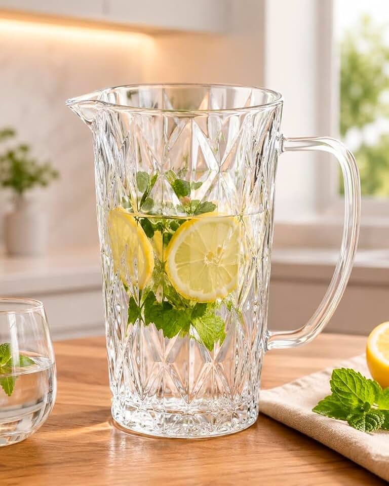 Jarra de Água de Vidro Borossilicato, 1000 ml, Tampa de Aço Inoxidável, Bico Antigotejamento, para Bebidas Quentes e Frias