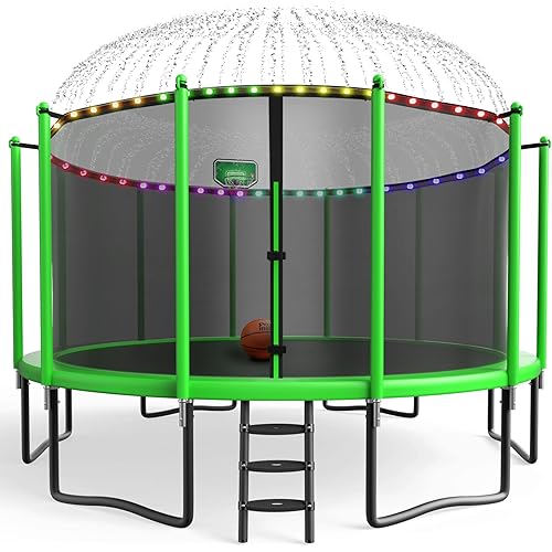YORIN Backyard Bouncer Bundle with Basketball Hoop, Light String & Sprinkler, Heavy Duty Jumping Set for Kids & Adults, 8 10 12 14 15 16FT, 1500LBS Capacity, ASTM Certified, Galvanized Steel Frame