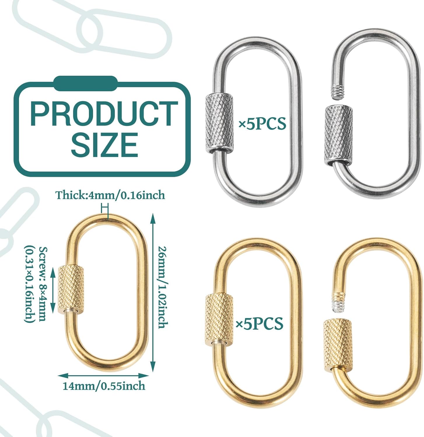 Pandahall 10Pcs Stainless Steel Screw Carabiner Lock Charms 2 Colors Oval Jewelry Carabiner Necklace Clasps for DIY Keychain Jewelry Making, 26x14x4mm - Image 4
