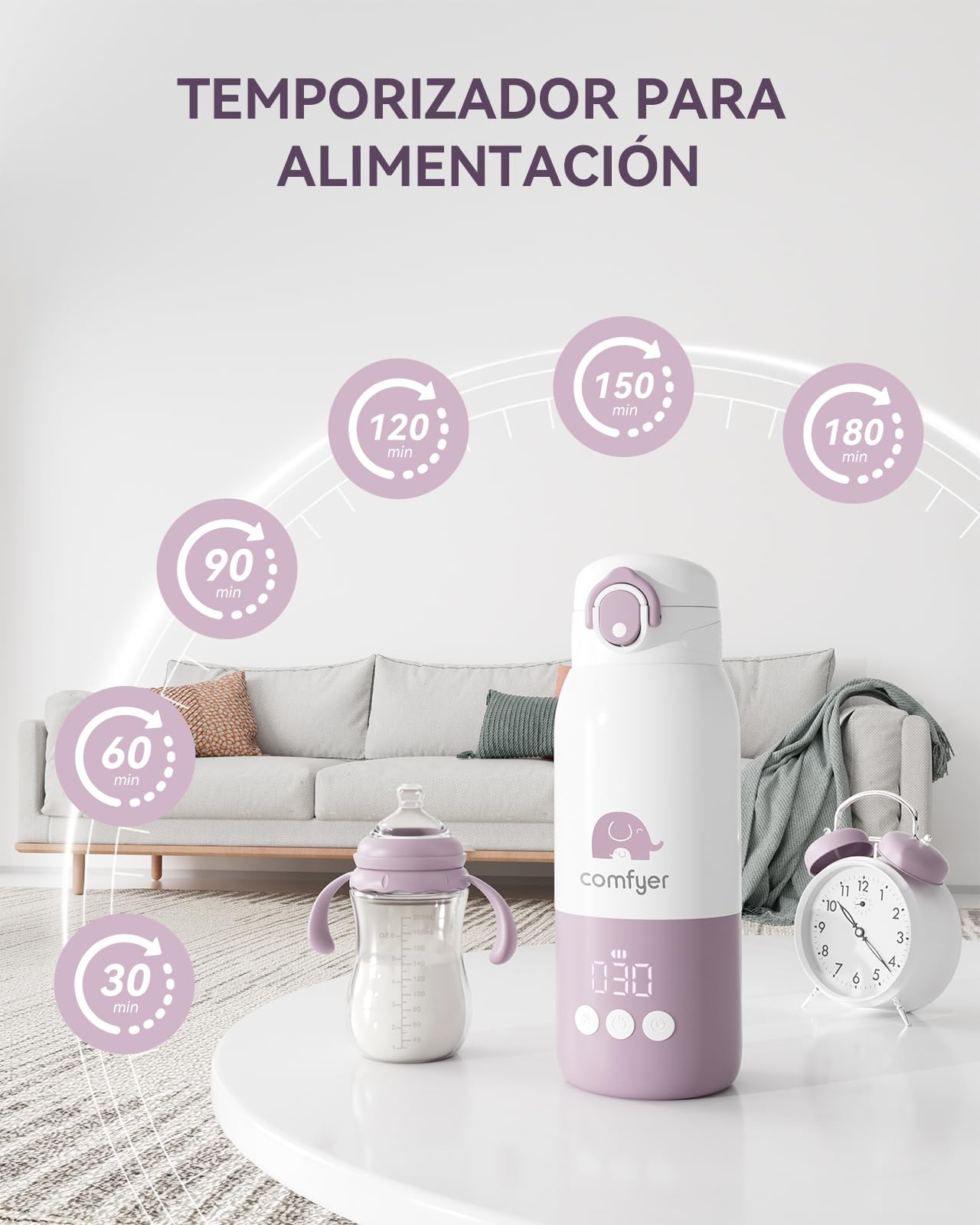 Comfyer Calienta Biberones Portatil para Viaje, Calentamiento Rápido y Larga Duración de la Batería, 2 Modos para Leche Materna y Agua, 340ml de Capacidad para Viajes Morado y blanco