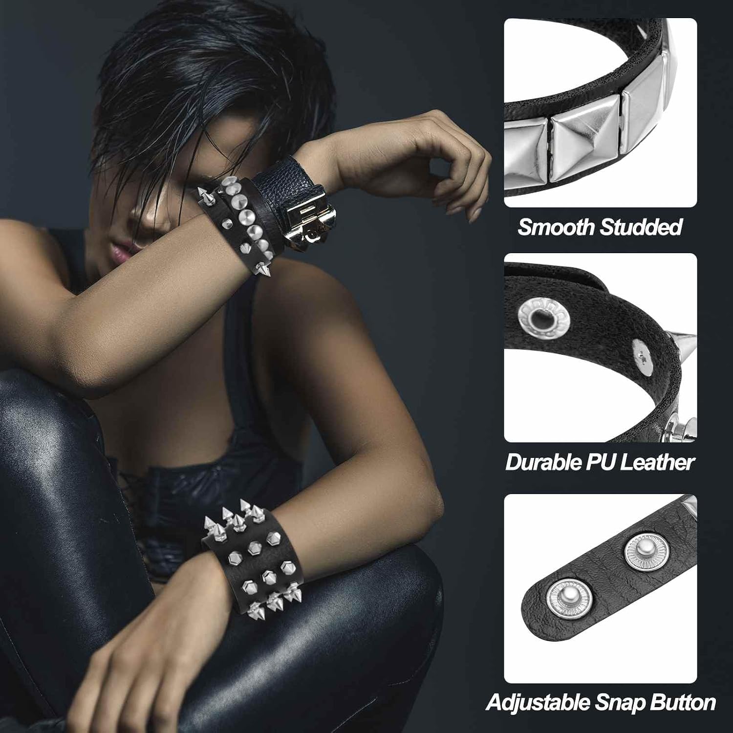 MECCANIXITY Rock Punk Studded Faux Leather Bracelet Set, Goth Spiked Cuff Wristband Adjustable Bracelets for Halloween Party Favors Emo Grunge Accessory image 3