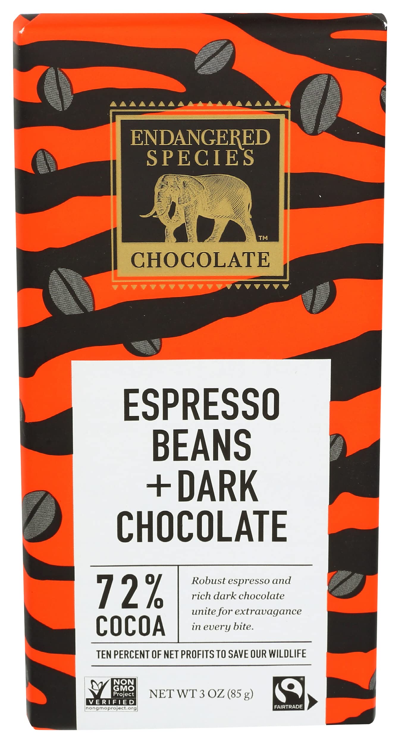 Buy Endangered Species Dark Chocolate Bar with Espresso Beans (72