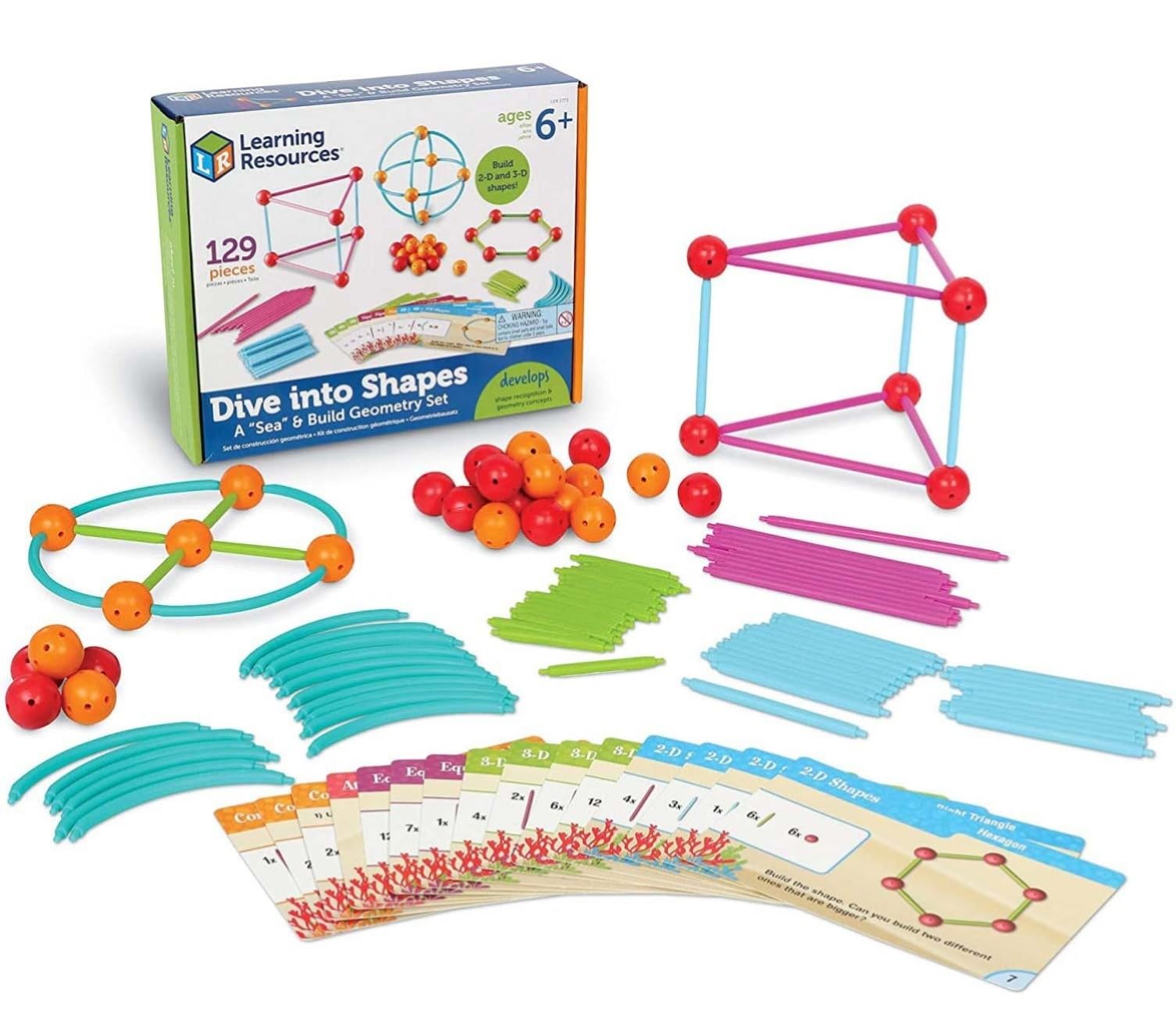 Learning Resources LER1773 Dive into Shapes Geometry Set Math Teaching Material, Insert & Connect Geometry Building Set, 3D & Flat Shapes, 129 Pcs. (English Language Not Guaranteed)