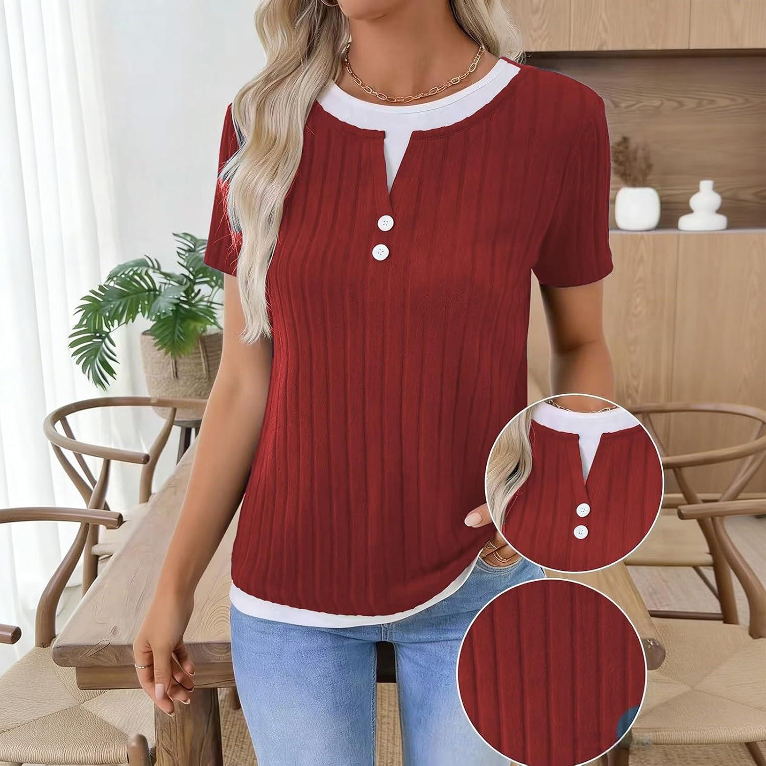 Ribbed Knit T Shirts for Women Trendy Summer Short Sleeve Crew Neck Button Up Textured Henley Sweaters Patchwork Tops