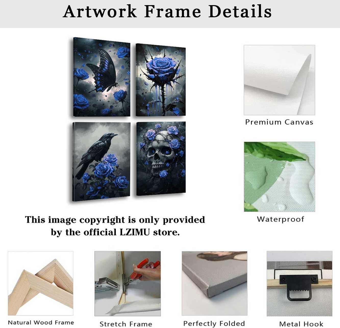 LZIMU 4Pcs Gothic Wall Art Romantic Rose Picture Raven Crow Butterfly Skull Canvas Print Dark Goth Horror Aesthetic Poster Black White Painting Halloween Home Decor (Blue, (8x12inx4 Pieces))