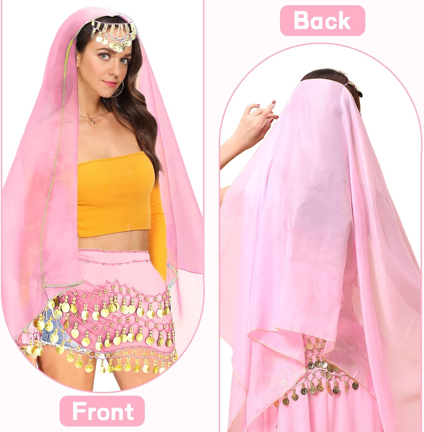4Pcs Belly Dancer Outfit Sets, Chiffon Head Scarf,Belly Dance Hip Scarf, 2 Coin Wrist Bracelets, 50 Bobby Pins