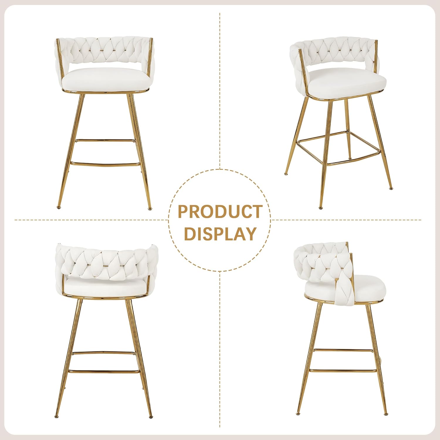 VECELO Bar Stools Set of 4, Counter Height Bar Stools, 26 inch Seat Barstools with Woven Back and Footrest for Kitchen Island Counter, White