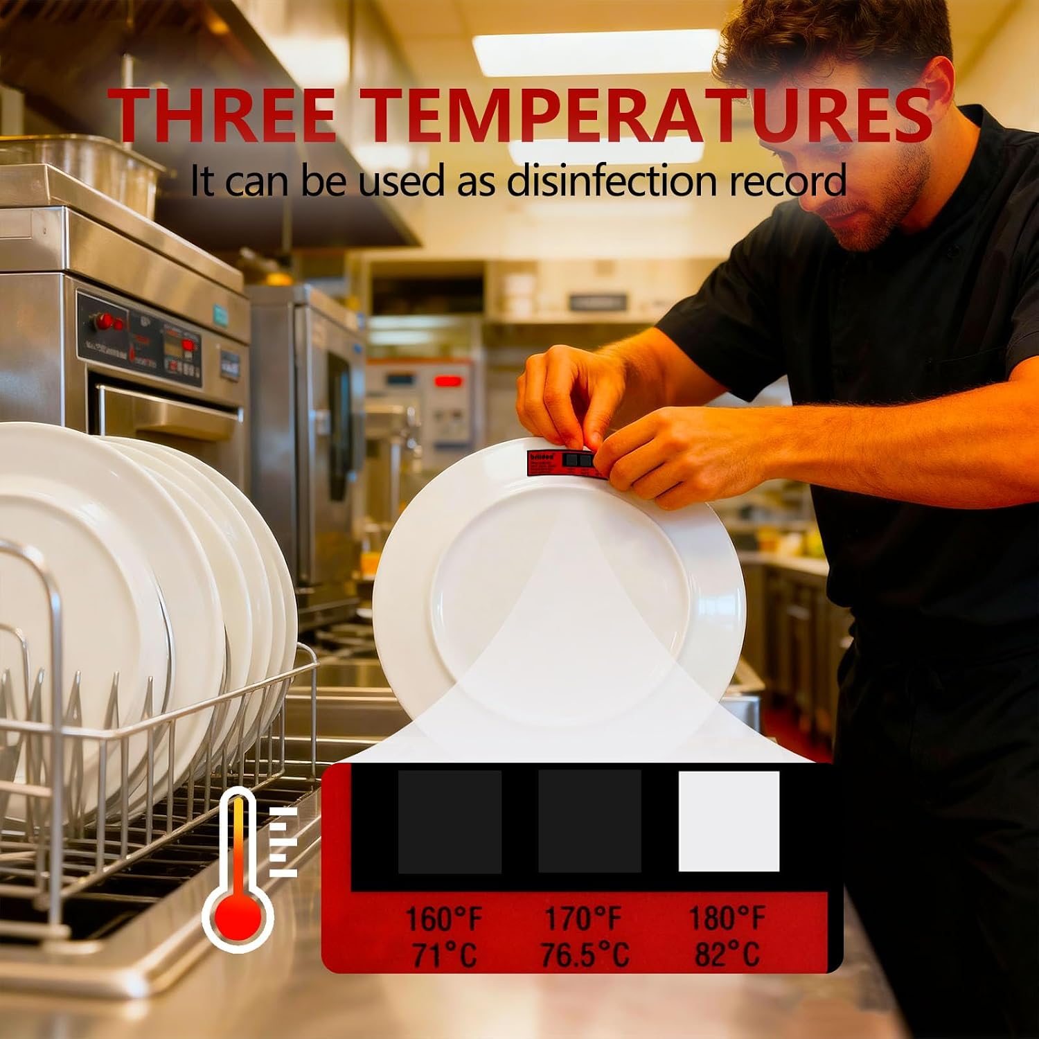 Briidea Dishwasher Temperature Labels, 3‑Temp 160°F/170°F/180°F Sanitizing Strips for Dishwashers, Waterproof Temperature Stickers, 24‑Pack