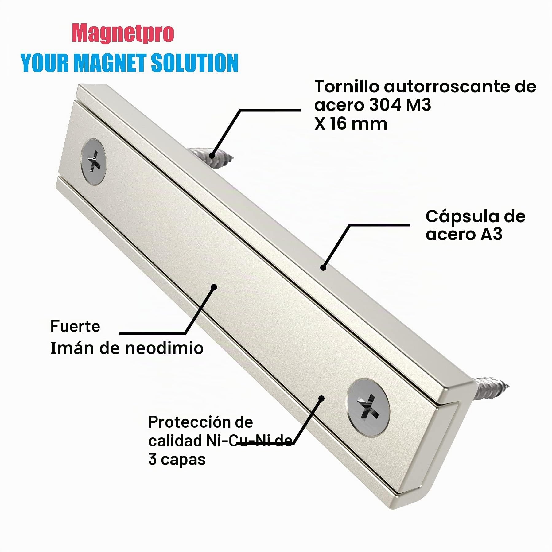 Magnetpro 8 piezas imanes rectangulares neodimio 30 kg 60 x 13.5 x 5 mm agujero avellanado con tornillos de fijación