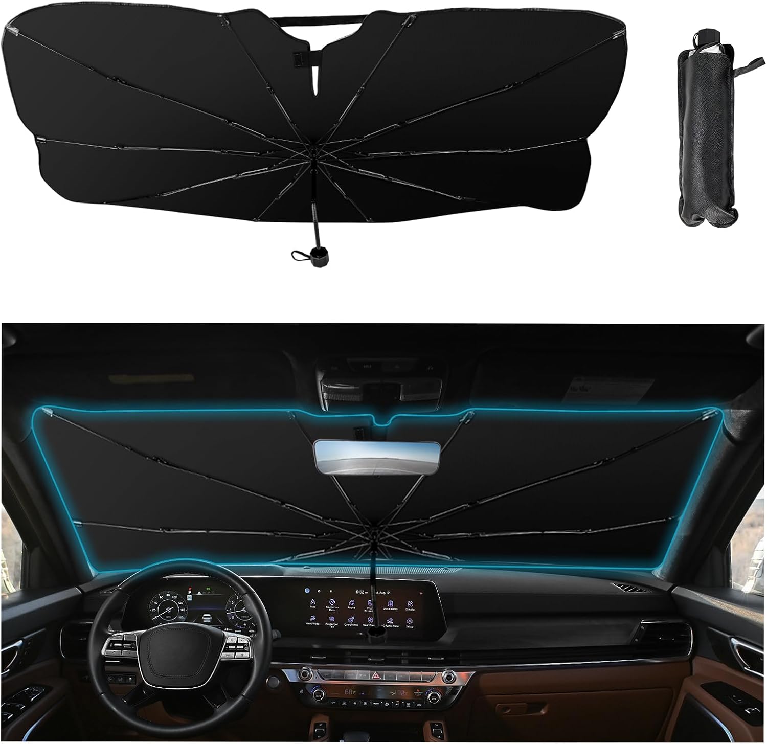 VIWIK Car Windshield Sun Shade Umbrella - Foldable Sunshade for Car Windshield, 5 Layers Nano ice-Crystal UV Block Coating, Avoid The Sun, Keep Car Cool, UV-Proof, Auto Interior Protection, 55"x32"