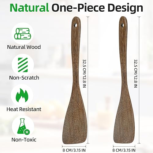 Miniatura 4 de 2 espátulas de madera, espátulas planas de madera de 12.8 pulgadas, espátulas de madera de mango largo para utensilios de cocina antiadherentes,