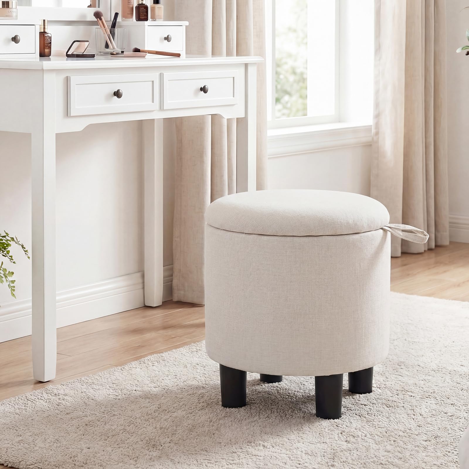 COSTWAY Pouf Contenitore Rotondo, Sgabello Poggiapiedi in Tessuto, con Coperchio Rimovibile, Poggiapiedi per Soggiorno e Camera da Letto, 38 x 38 x 42 cm