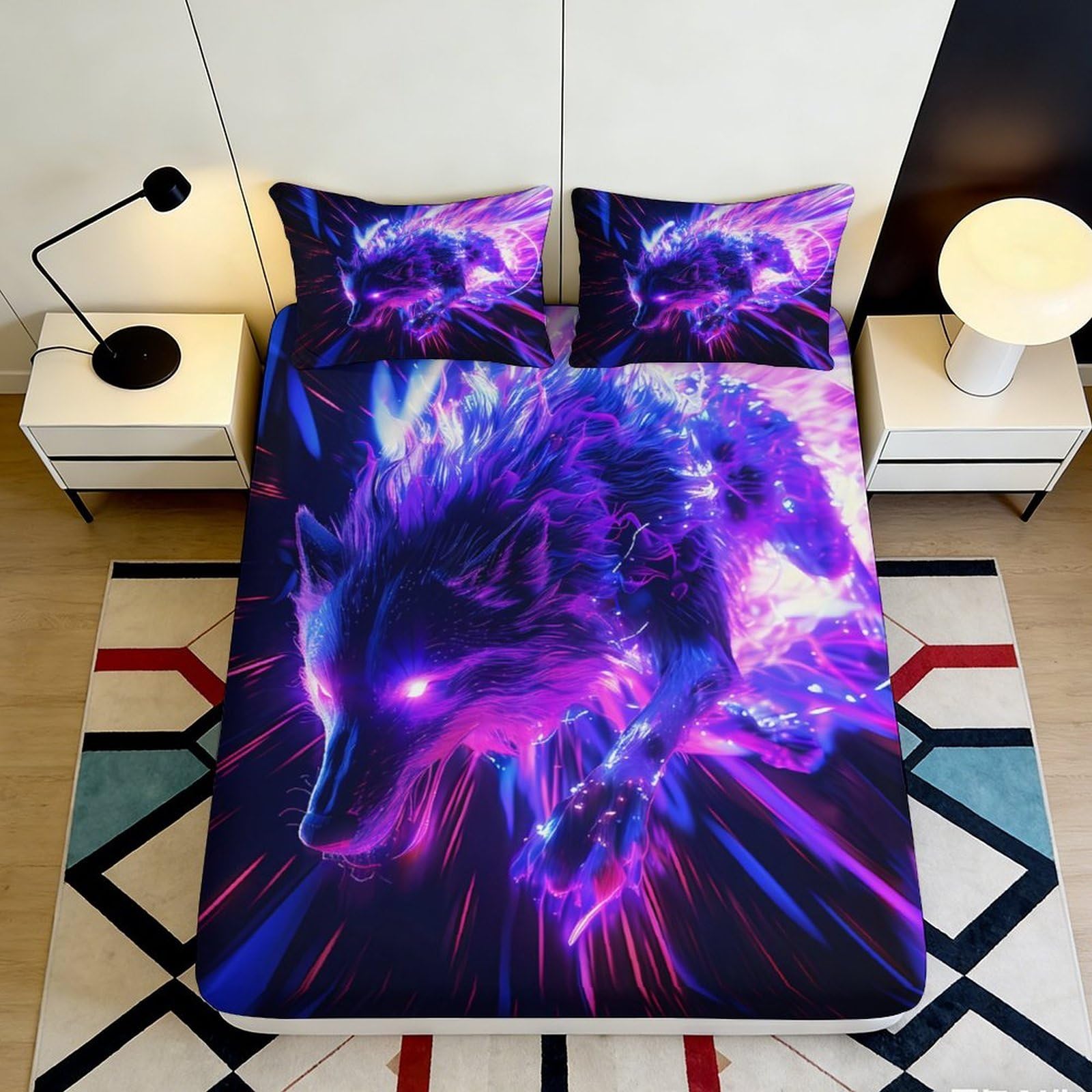 3D Printed Neon Wolf Fitted Sheet Microfiber Purple Blue Lightning Bed Cover Slip-Resistant Mattress Protector for Bedroom Dorm 90x200x25cm