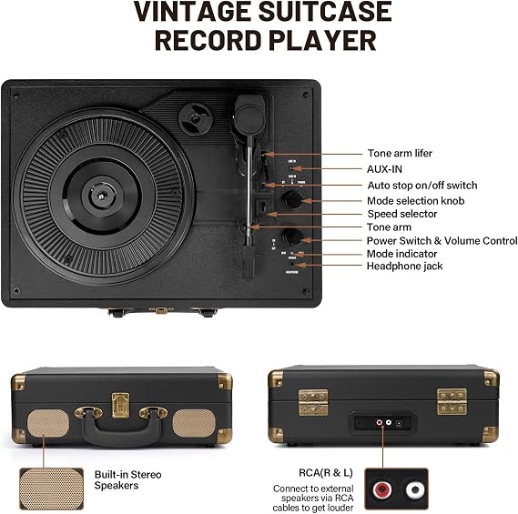 Mersoco Bluetooth Suitcase Vinyl Record Player Built-in stereo speakers