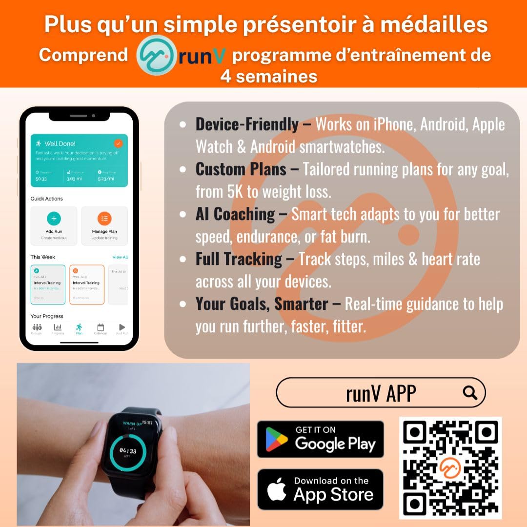 Support dossards & médailles avec app Run et Plan 4 semaines – Présentoir Mural pour 100+ médailles et 200+ dossards – Porte-médailles pour Coureurs