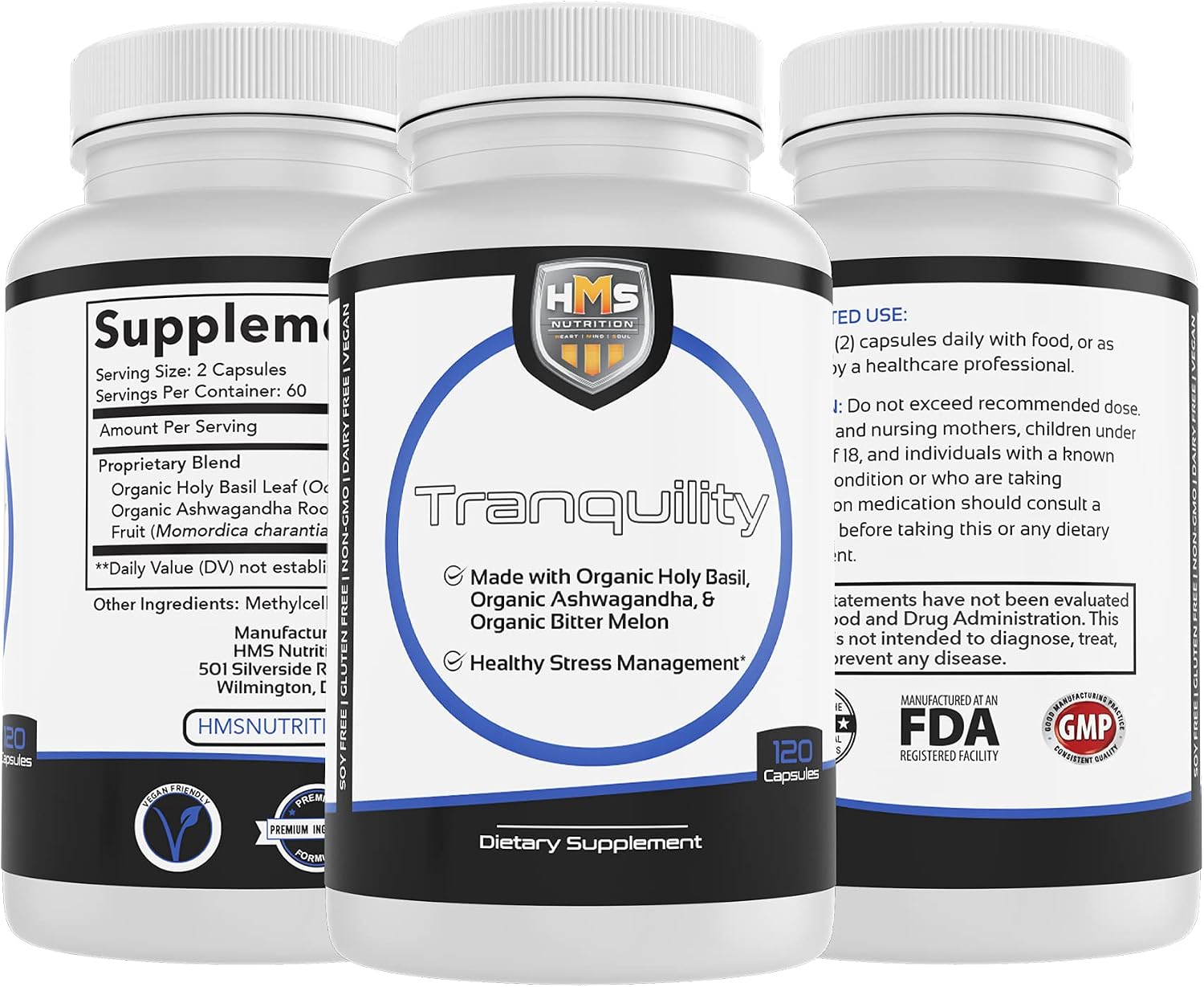 HMS Nutrition Tranquility Organic Holy Basil Leaf Organic Ashwagandha Organic Bitter Melon 120ct 60 Day Supply
