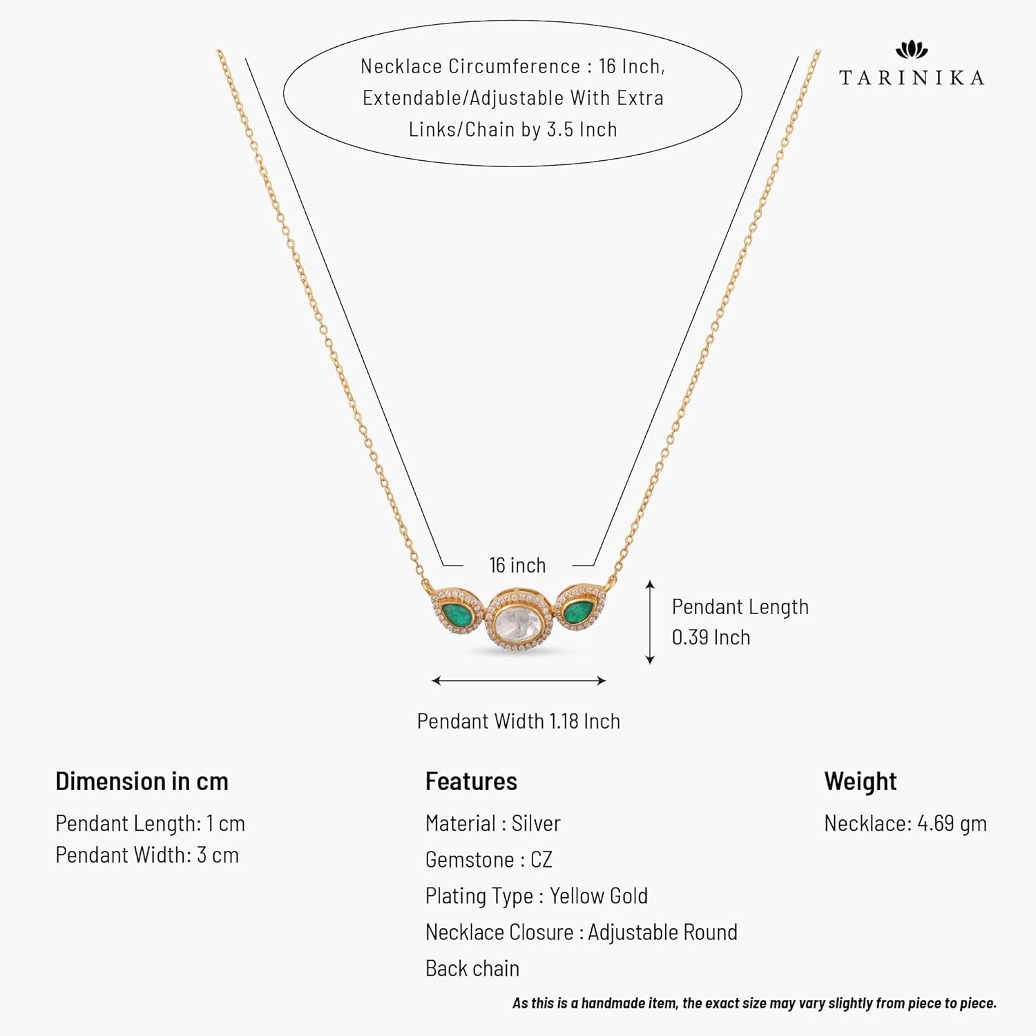 TARINIKA Mystic Green Moissanite Silver Necklace for Women, 925 Sterling Silver with Yellow Gold Plating, CZ Halo & Pear Cut Green Gemstones, Elegant Jewelry with Hook & Link Closure - Image 4