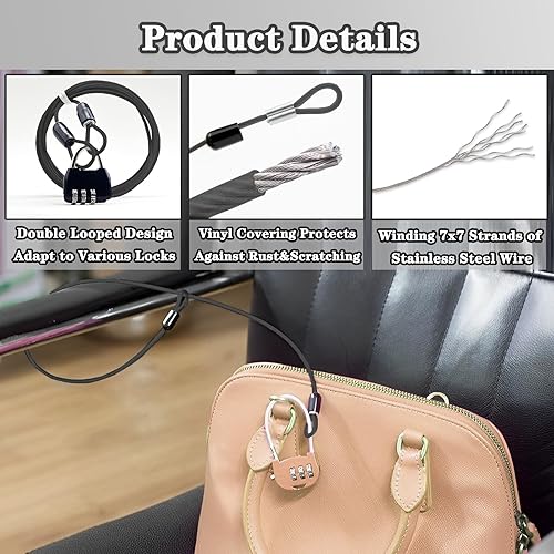 Miniatura 10 de Cuerda de cable con doble bucle, bloqueo de cable de seguridad, cable de seguridad recubierto de vinilo de acero, bloqueo de equipaje de 3.3 pies x