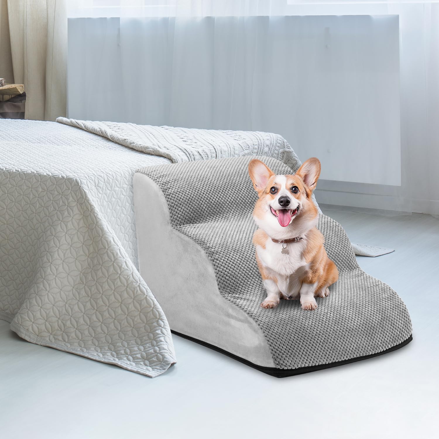 QWORK® Escaleras para Perros y Mascotas 60x40x40cm - 3 Escalones Lavables de Espuma Viscoelástica para Perros Pequeños, Medianos, Mayores y Gatos