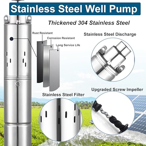 Miniatura 4 de Bomba de agua solar, bomba sumergible de pozo profundo de 48 V 500 W CC, bomba de pozo profundo de acero inoxidable de 3 pulgadas con controlador