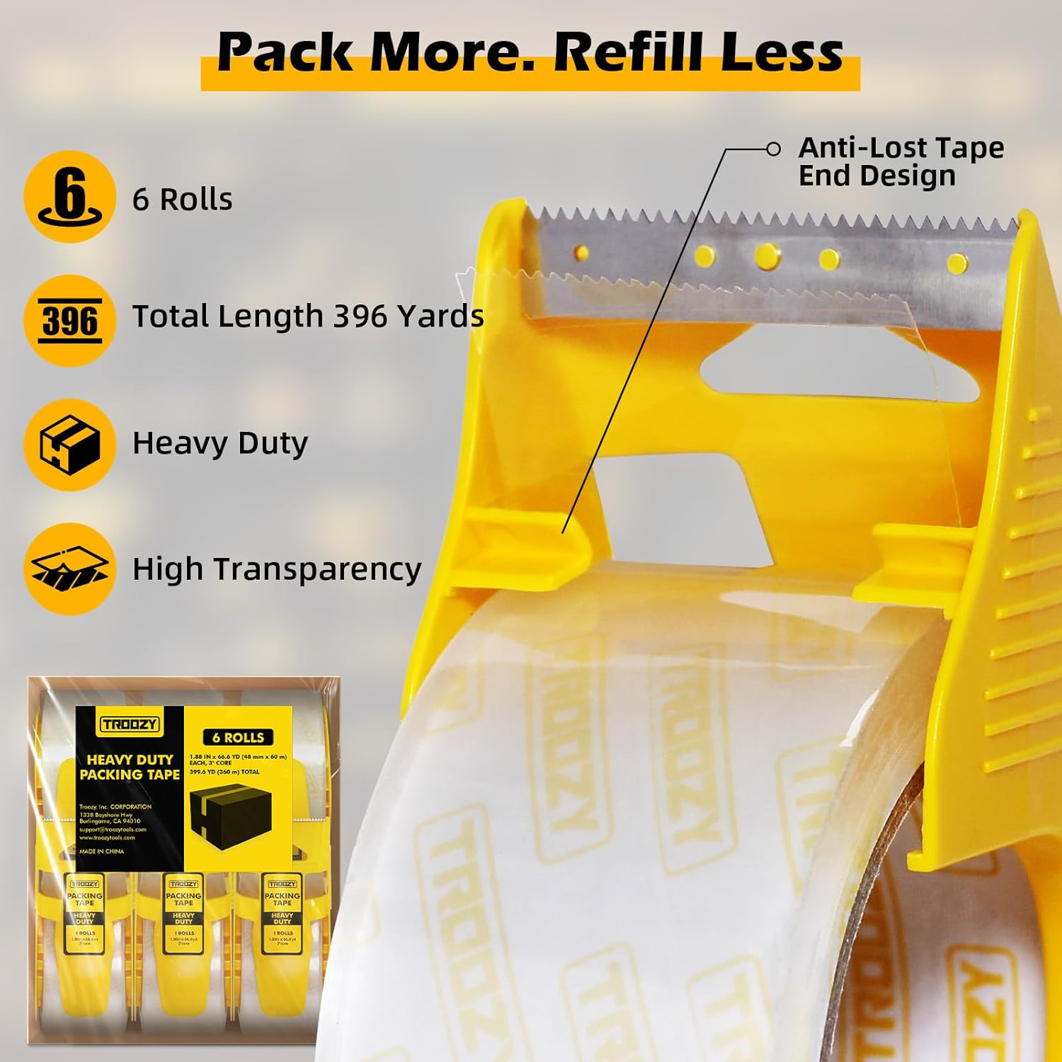Clear Heavy Duty Packing Tape with Dispenser for Packing Shipping Moving and Warehouses, 2.68 mil Thick, 1.88 in x 66 yd, 6 Pack
