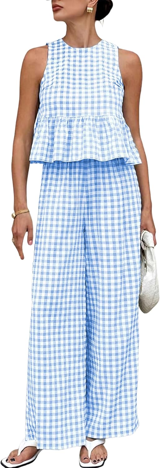 Womens 2 Piece Outfits Sets Gingham Plaid Sleeveless Ruffle Tank Tops and Wide Leg Pants Summer Matching Lounge Sets