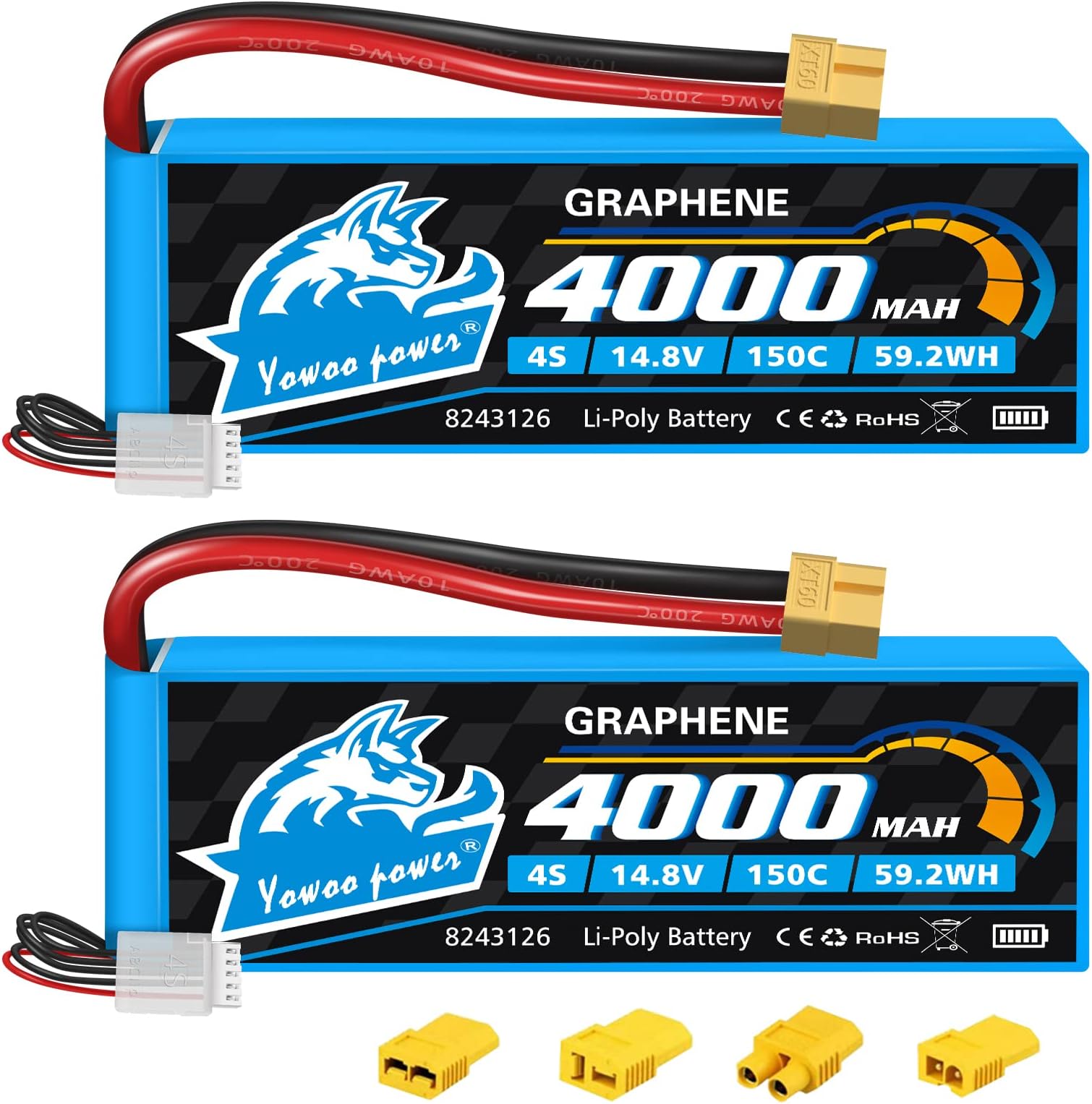 Yowoo 2 Pack 4S Lipo Battery 4000mAh 14.8V 150C Graphene Battery with XT60 Plug for RC Evader BX Car Buggy Boat Drones Slash 1/10 Scale Racing Truck Racing Heli Aeroplane (Including 4 Adapters)
