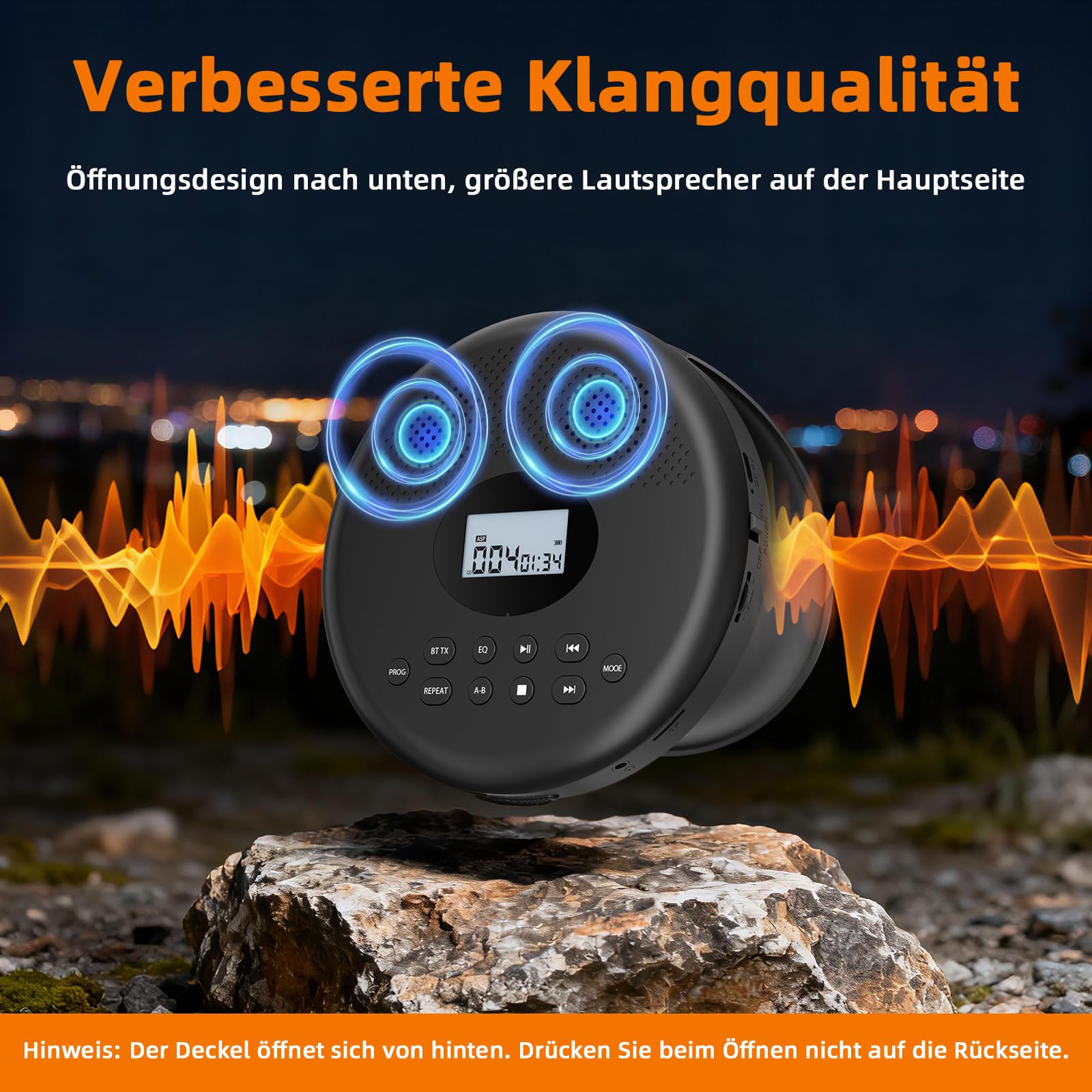 Arafuna Tragbarer CD-Player mit Bluetooth, wiederaufladbarer CD-Player mit Lautsprechern, Anti-Schock, LCD-Display, 7 Wiedergabemodi & 5 EQ, unterstützt TF & AUX, geeignet für Auto, Zuhause und Reise