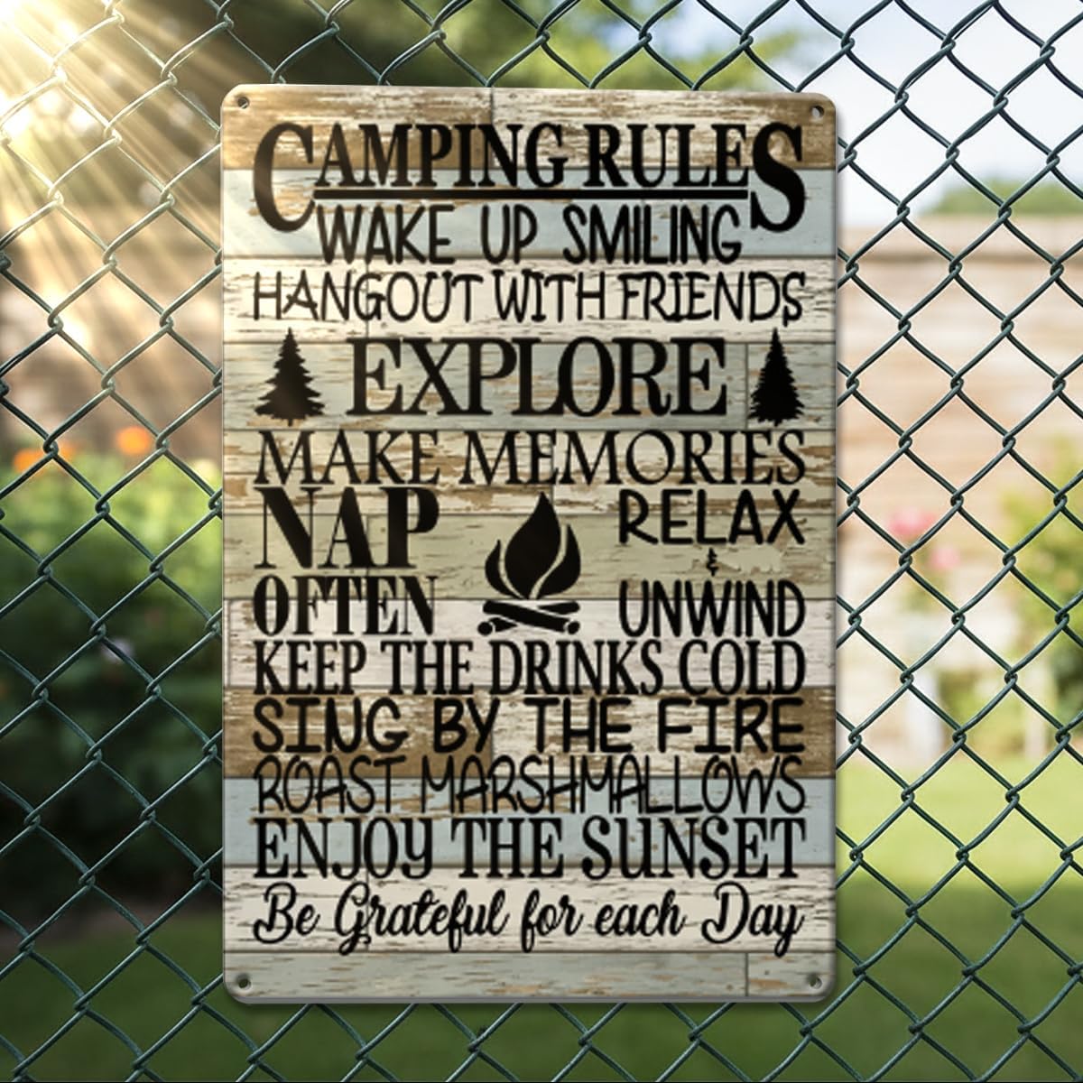 Cool Camping Gifts for Men Camper Camping Rules Metal Tin Sign Rustic Camping Wall Signs for Home Farmhouse Farm Ranch RV Garage Men Cave Decor Camper Gifts 7 x 10.5 Inch