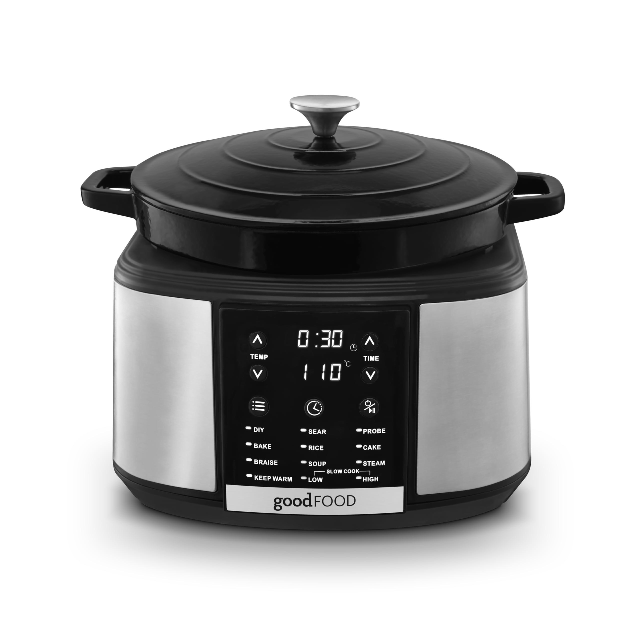 Good Food Electrical Dutch Oven with 12 Cooking Pre-sets, Removable Cast Iron Pot, Cast Iron, 12 Hour Timer, 1500W, Black & Stainless Steel, GF16012