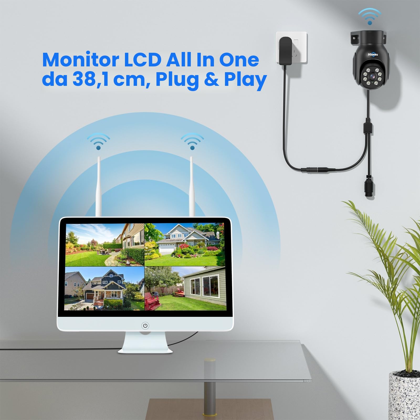 【10CH 15" Monitor+3TB HDD】Hiseeu 5MP Kit Videosorveglianza PTZ WiFi Esterno con Monitor 10CH 5MP NVR e 4X5MP Telecamera Wi-Fi,Visione Notturna a Colori,Rilevamento Umano,Sirena Remoto Vista Alexa
