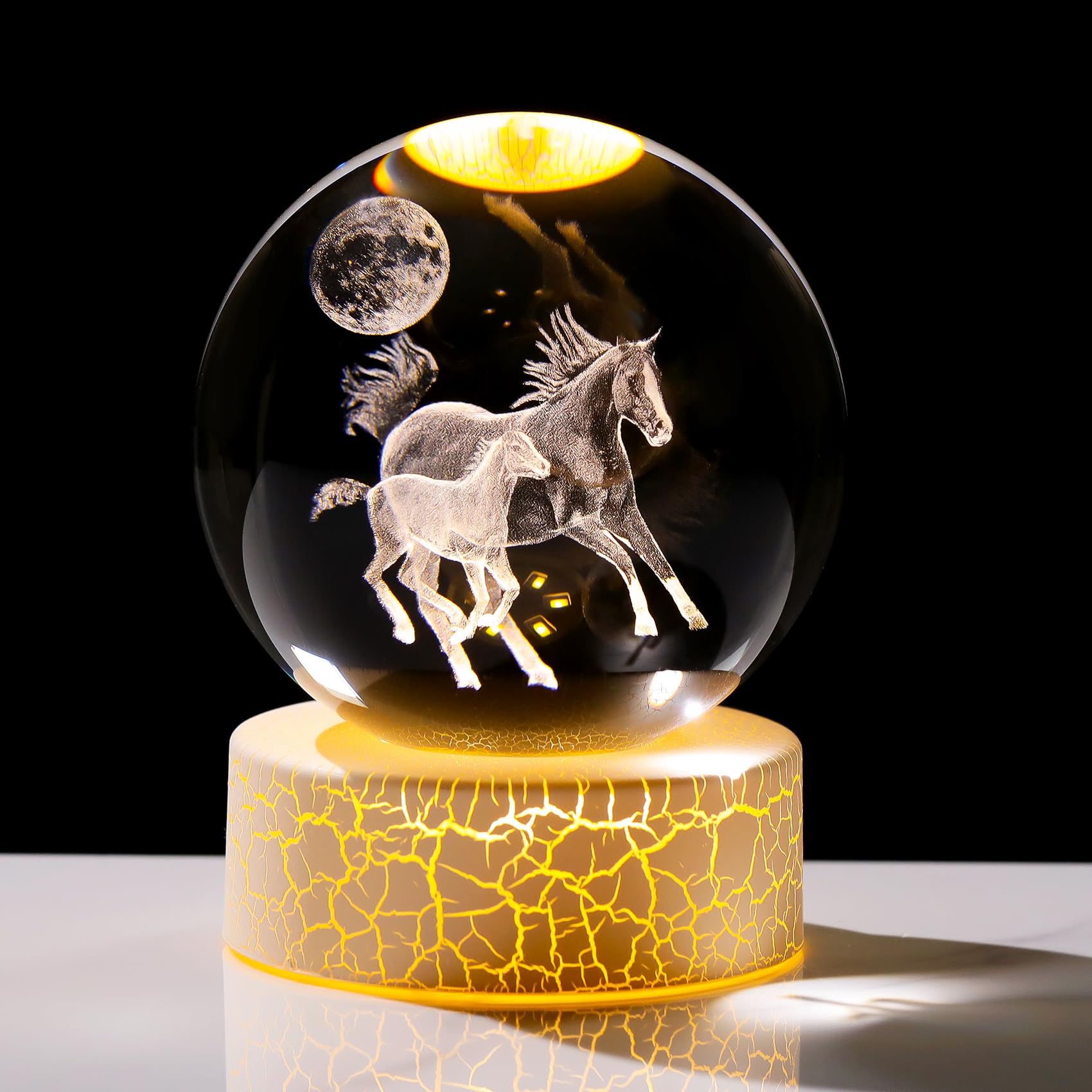 Arikyrist Horse Gifts for Girls Women 8cm/ 3.15" K9 Crystal Ball Engraved 3D Horses Figurine with LED Warm Light Stand