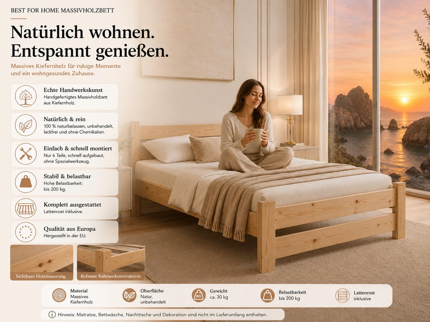 Massivholzbett | Futonbett | Naturholzbett bettgestell | Hochbett aus 100% Naturholz | kopfteil Bett | Bett mit lattenrost Und kopfteil |Seniorenbett | bettgestell (90x200 cm)