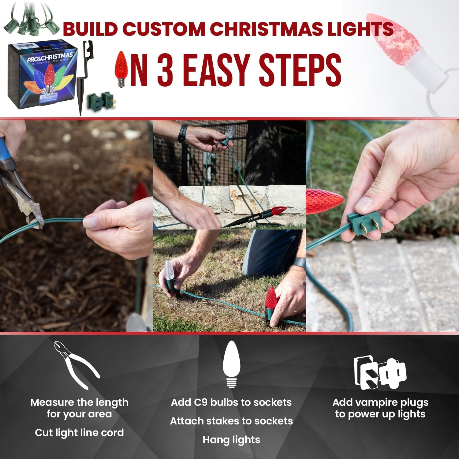 Pro Christmas C9 LED Christmas Light Kit w/ 7.5" Pathway Stakes – DIY Cut to Length, Outdoor Commercial Grade (Green Wire w/Vampire Plugs, 50 Bulbs, 50 ft) – Red and Green