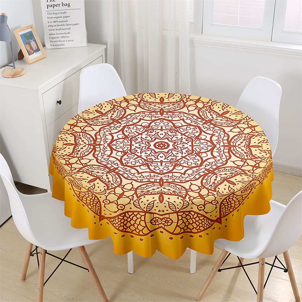 Chickwin Round Tablecloth Luxury Bohemia Mandala 3D Waterproof Dust-Proof Polyester Fabric Outdoor Table Cloth Wipe Clean Table Cover Kitchen Garden Round Table Decor (Yellow,120cm)