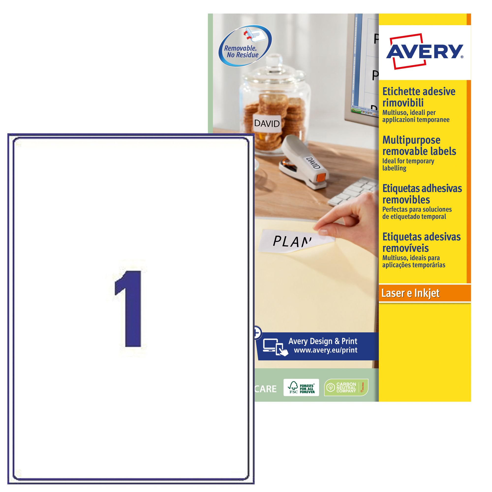 Avery L4735REV-​25 Etichette Rimovibili, 1 Pezzo per Foglio, 25 Fogli, 210 x 297, Bianco