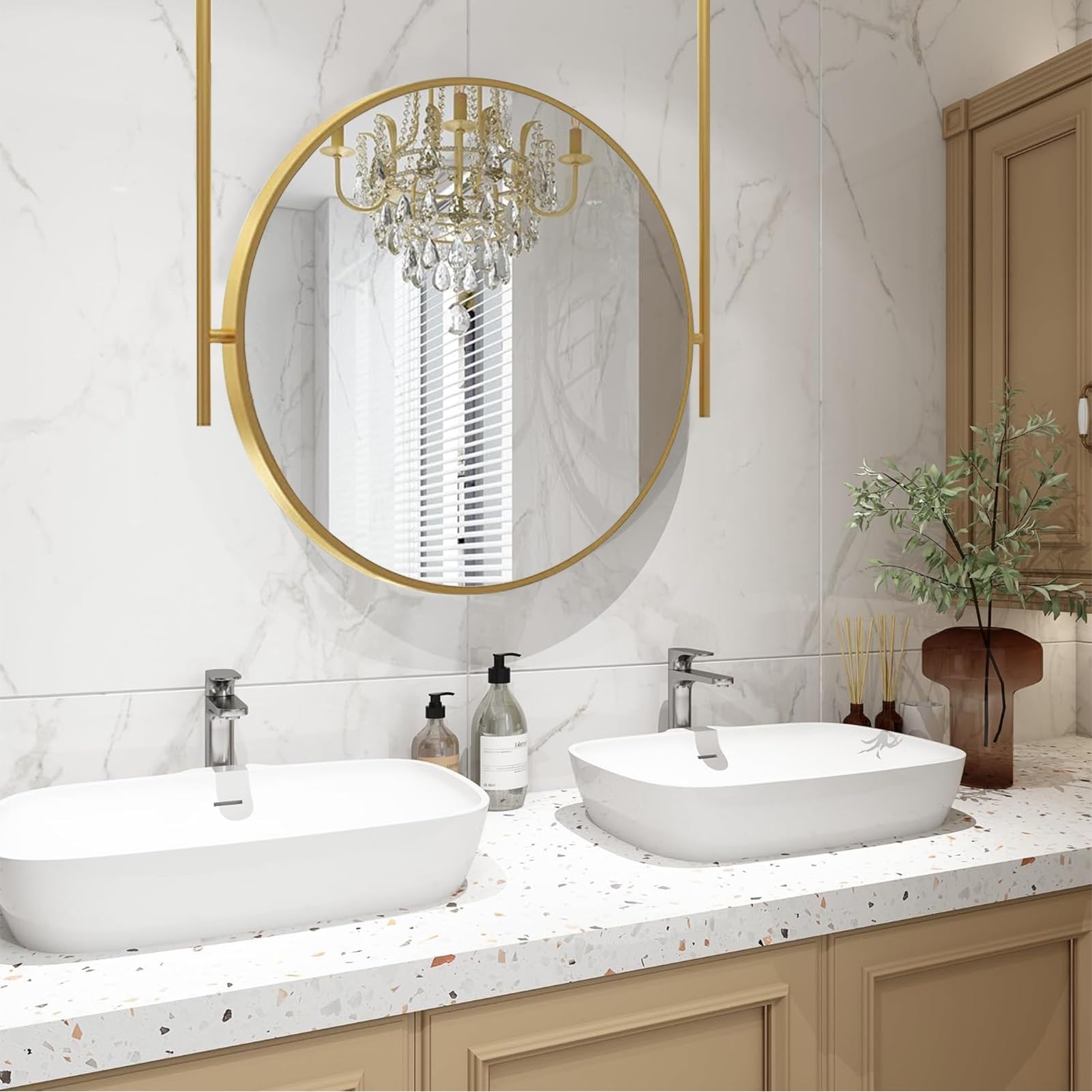 WJFTODAY Gold Circular Bathroom Vanity Mirror, 27.6" Decorative Wall Mirror with Metal Frame, Floating Makeup Mirror for Living Room, Entryway, and Bathroom Décor