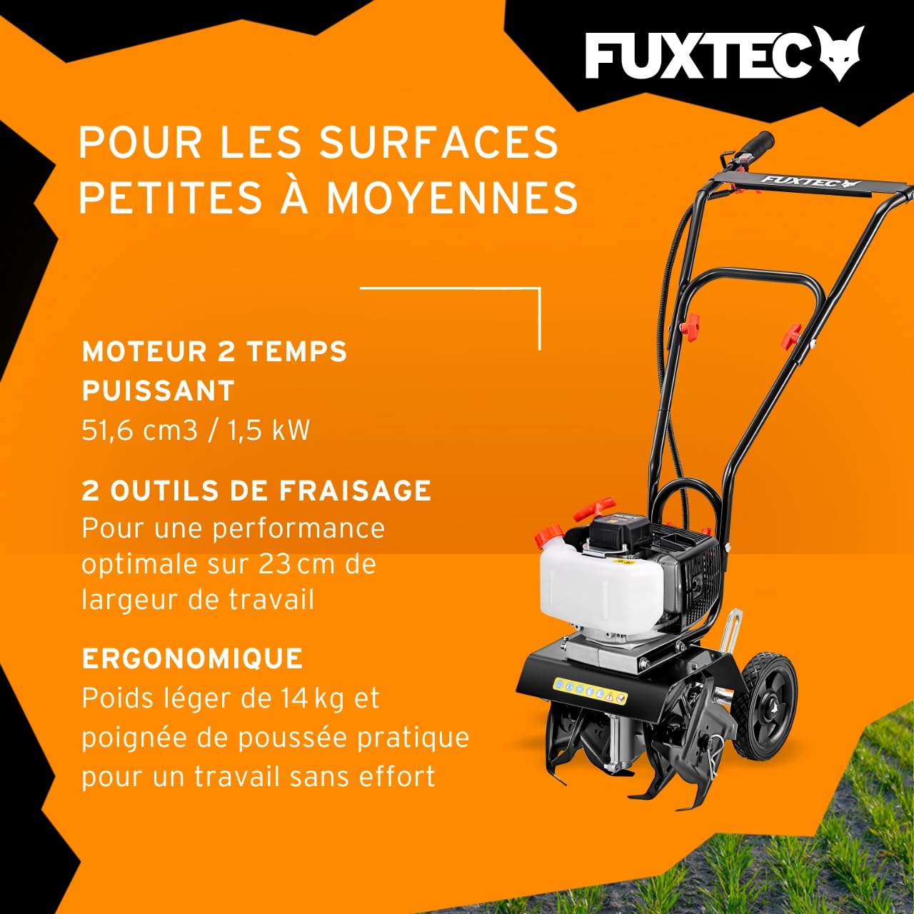 FUXTEC Motobineuse thermique FX-AF152 – Moteur 2 temps 51,6 cm³ – 23 cm de largeur – Profondeur de 70 mm – Fraises étoilées – Léger & maniable – Poignée ergonomique