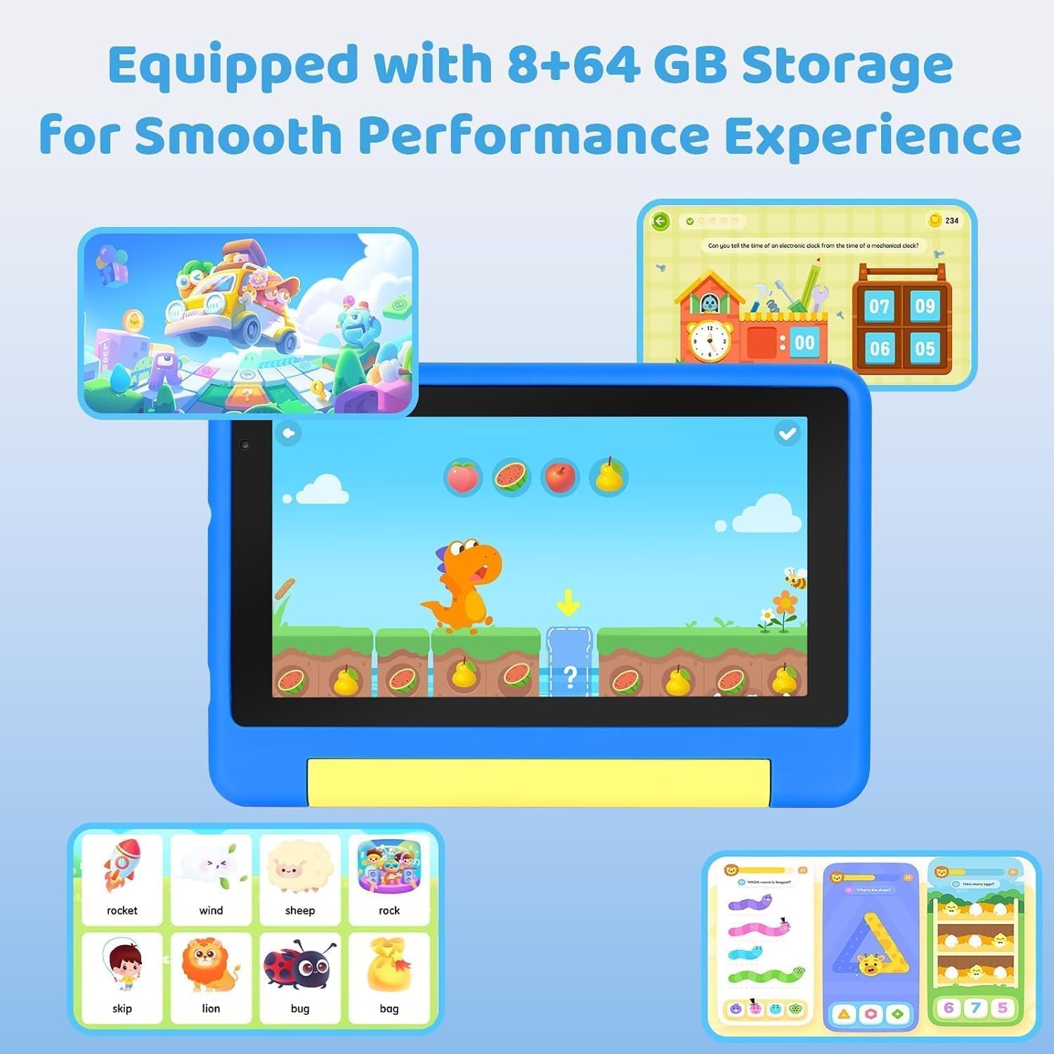 7 Zoll Kinder Tablet mit Hülle, Android Tablet für Kinder, 8GB+64GB(128GB TF Expand), 1024x600 HD Display, WiFi 6, BT5.2, Dual Kamera Android Tablets (Blau)