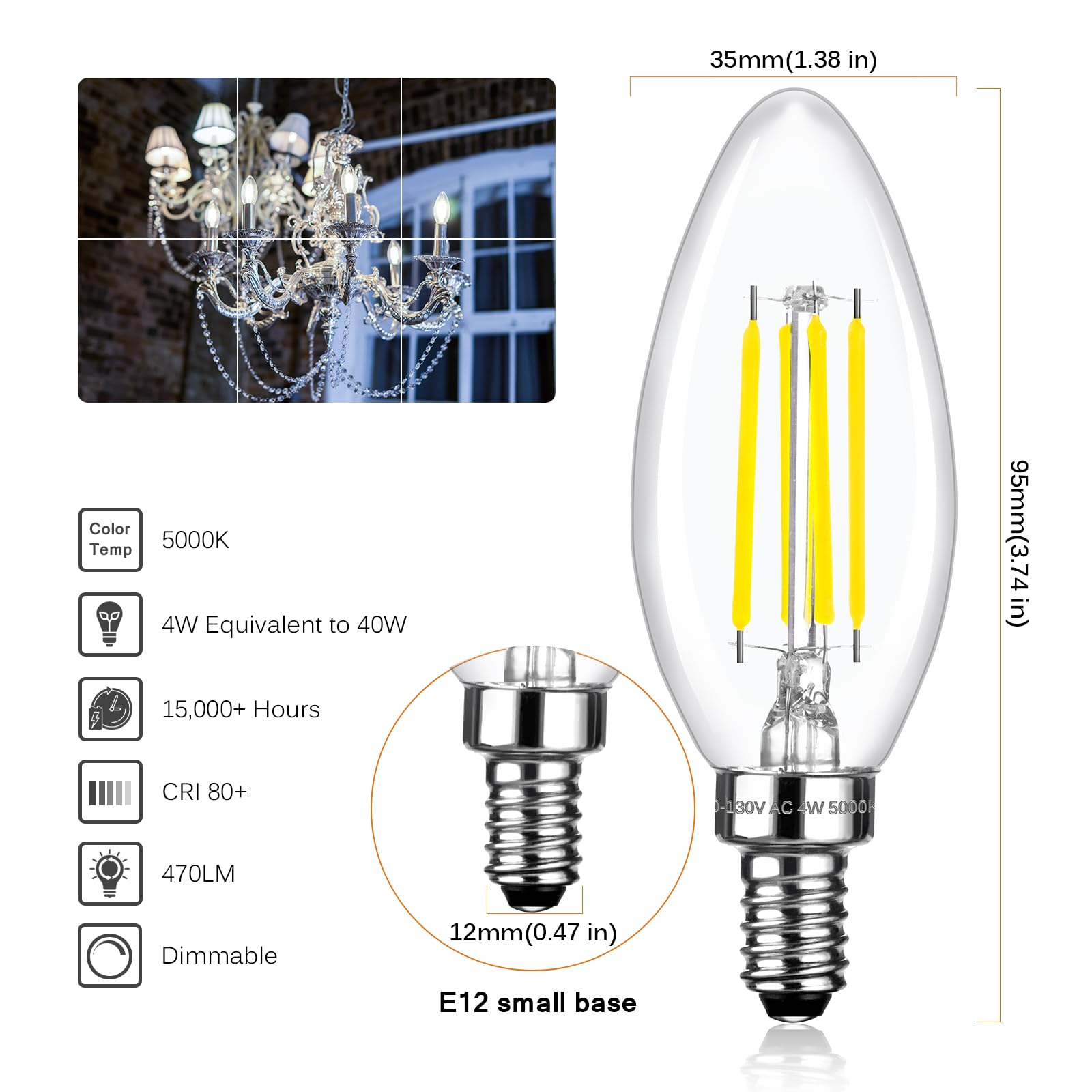 Brtstiun C35 dimmbare LED-Kerzen-Leuchtmittel, entspricht 40 Watt, 5000 K Tageslichtweiß, 470 Lumen, E12 4 W B11 Deckenventilator und Kronleuchter, 12 Stück
