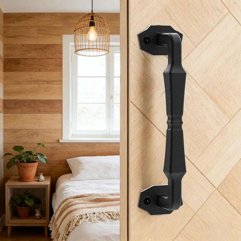 10 Inch Sliding Barn Door Handle, Solid Cast Iron Door Pull, Rustic Square Gate Handle for Fence, Garage, Shed, Closet, Cabinet, Pantry, Matte Black, Screws Included, Easy Install