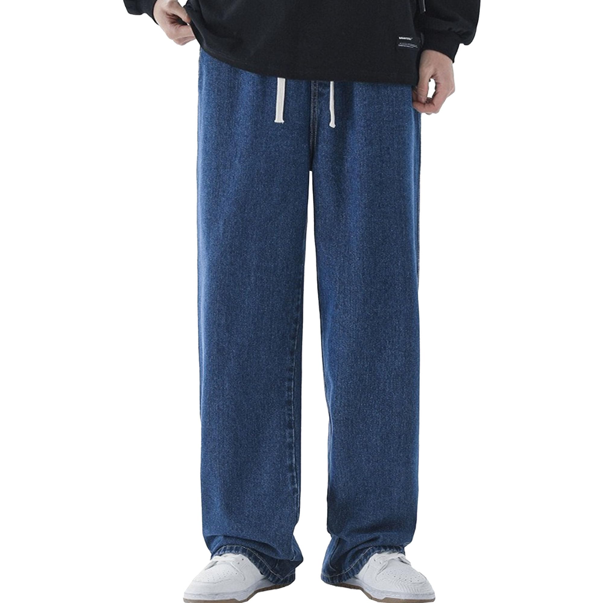 Mens Drawstring Elastic Waist Jean Regular Fit Straight Leg Baggy Jeans Loose Fit Vintage Denim Pants