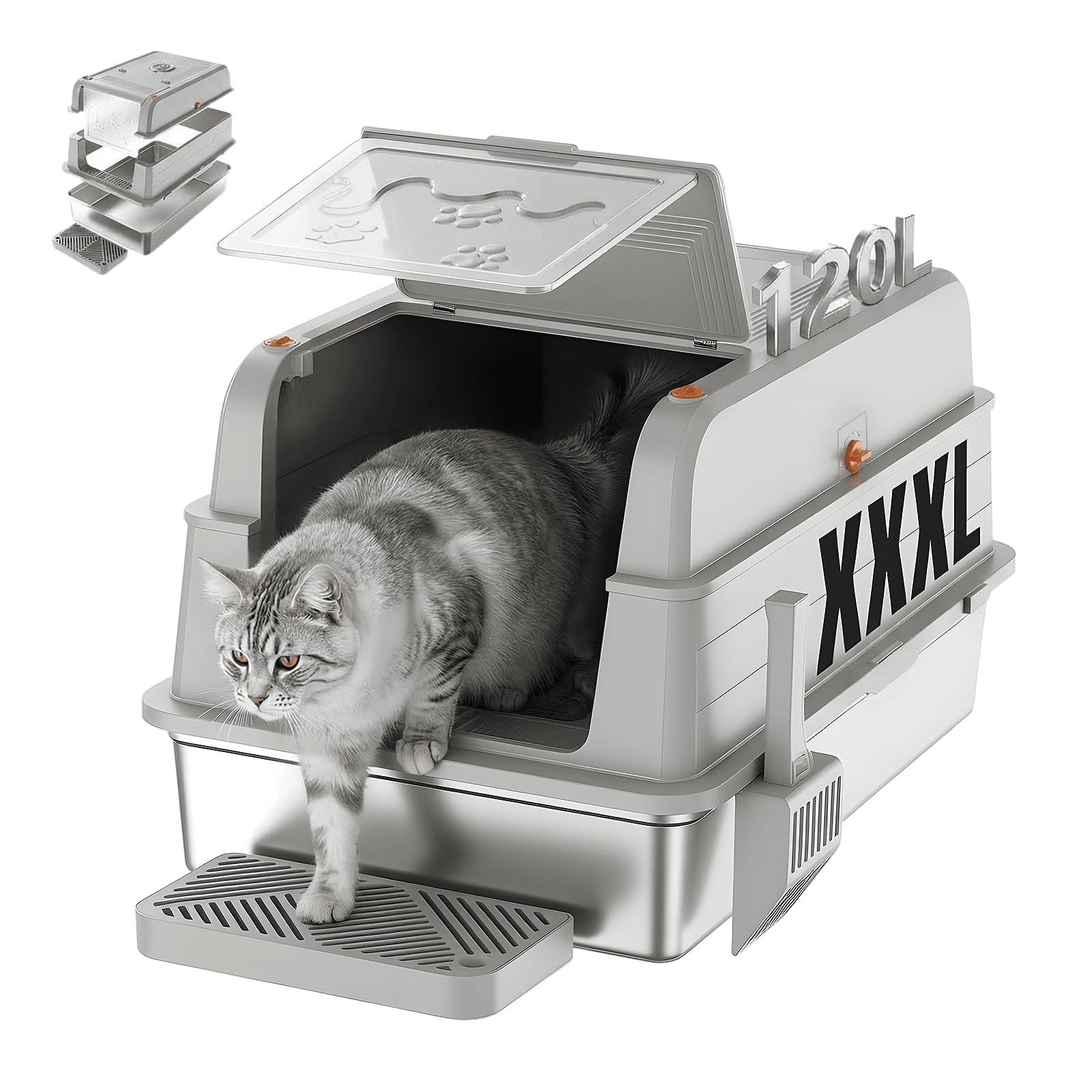 JUMMICO 120L bac à litière pour Chat XXXL, bac litière pour Chat en Acier Inoxydable 3 en 1 (Ouvert/Semi-fermé/fermé) avec Couvercle Rabattable 150°, Anti-Rayures et Anti-fuites, Plateau Anti-Sable