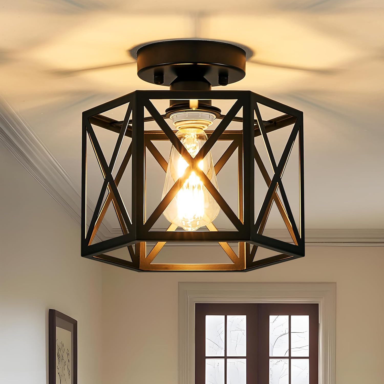 Modern Farmhouse Black Semi Flush Mount Ceiling Light 9.5 Inch